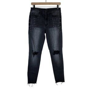Kancan Black Distressed Studded Raw Hem Ankle Skinny Jeans